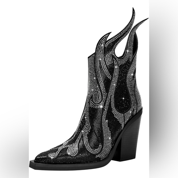 Rhinestone Flame Pointed Toe Block Heel Sparkly Cowboy Ankle Booties - Picture 8 of 8
